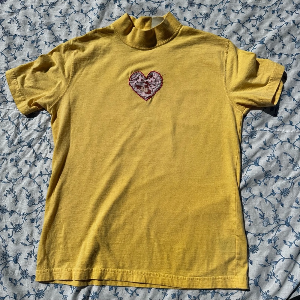 Upcycled vintage Mockneck Tee with Strawberry Shortcake Patchwork